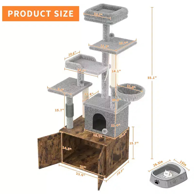 Arbre à chat moderne 2-en-1 avec cache-litière, Meuble tout-en-un pour chat