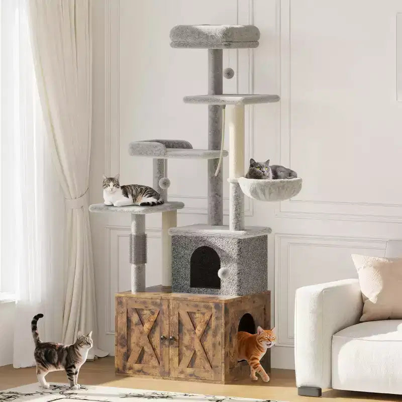 Arbre à chat moderne 2-en-1 avec cache-litière, Meuble tout-en-un pour chat