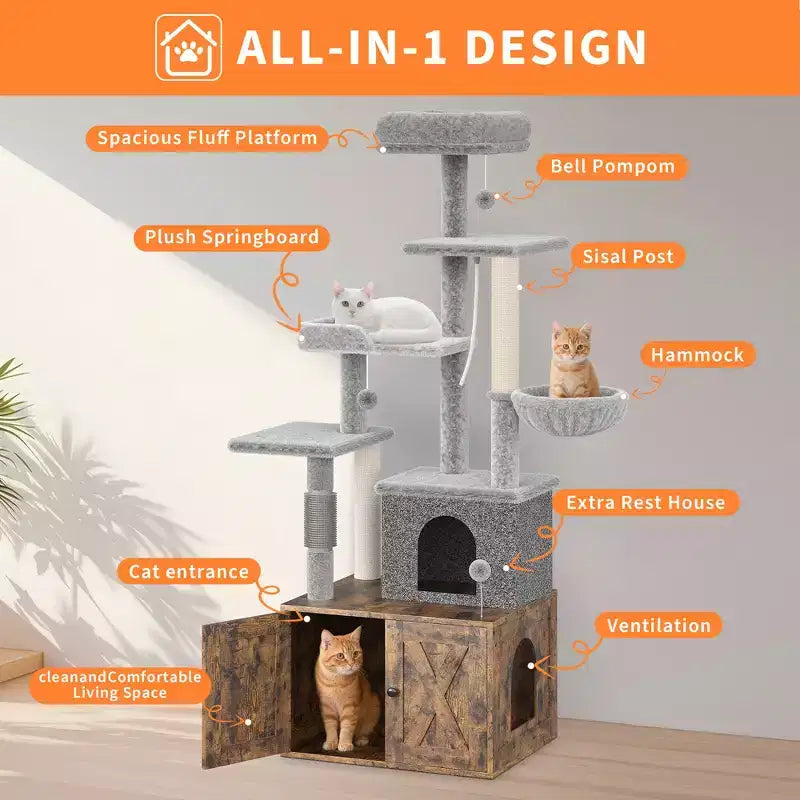 Arbre à chat moderne 2-en-1 avec cache-litière, Meuble tout-en-un pour chat