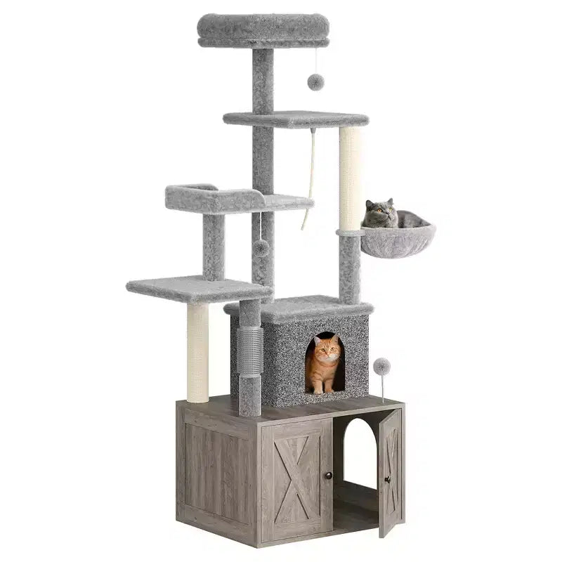 Arbre à chat moderne 2-en-1 avec cache-litière, Meuble tout-en-un pour chat