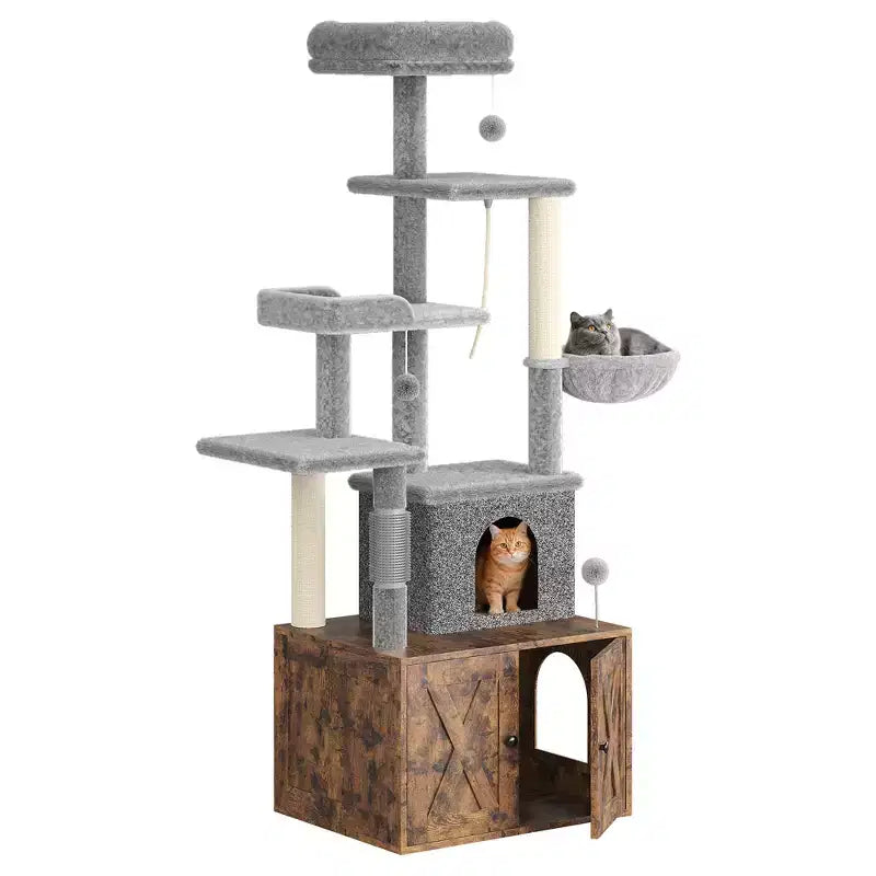 2-in-1 Modern Cat Tree Tower with Litter Box Enclosure, All-in-one Cat Furniture, Hidden Kitty Washroom Wooden House w/Hammock &amp; Scratching Posts