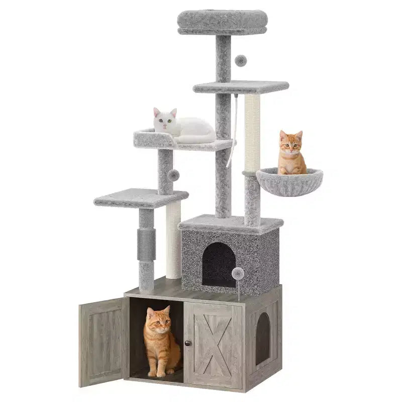 Arbre à chat moderne 2-en-1 avec cache-litière, Meuble tout-en-un pour chat