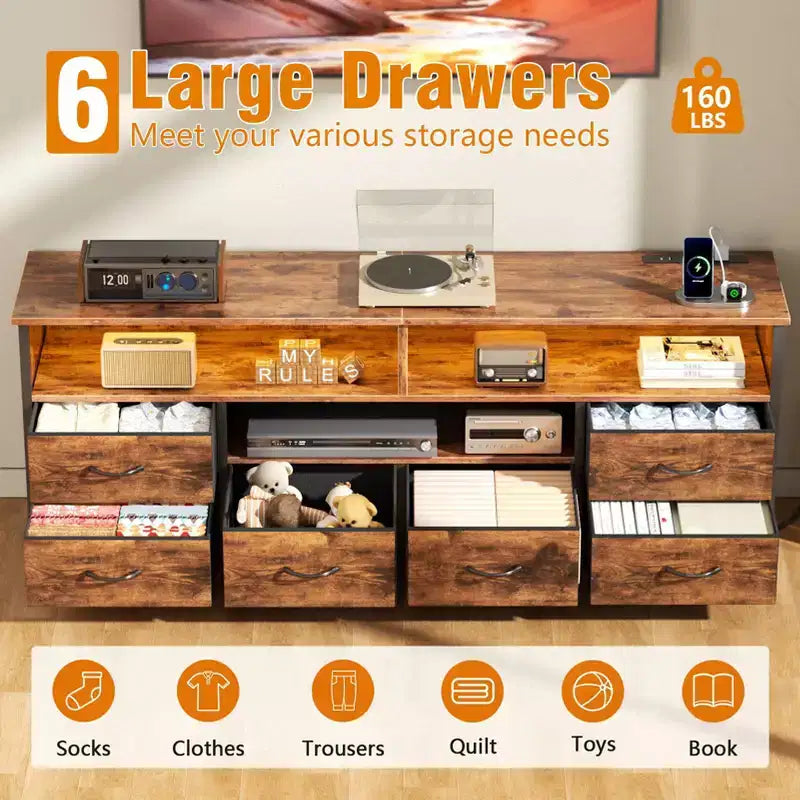 Meuble TV commode marron rustique de 55 pouces avec station de charge et lumières LED