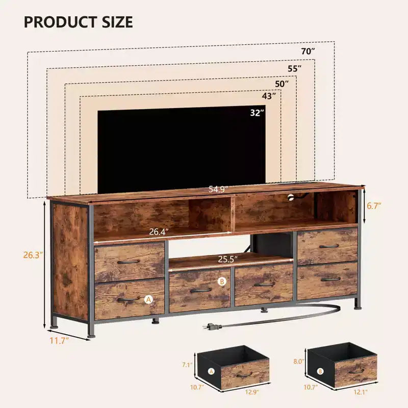 Meuble TV commode marron rustique de 55 pouces avec station de charge et lumières LED