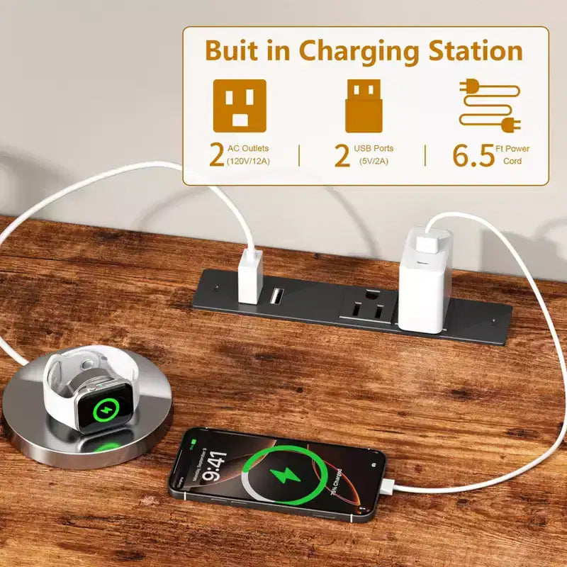 Meuble TV commode marron rustique de 55 pouces avec station de charge et lumières LED