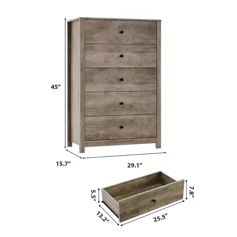 Commode moderne à 5 tiroirs avec rangement profond, élégante commode en bois pour chambre à coucher