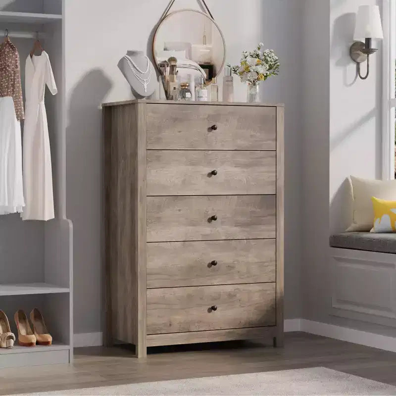 Commode moderne à 5 tiroirs avec rangement profond, élégante commode en bois pour chambre à coucher