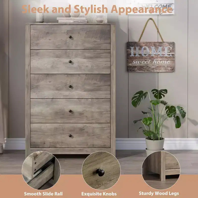Commode moderne à 5 tiroirs avec rangement profond, élégante commode en bois pour chambre à coucher