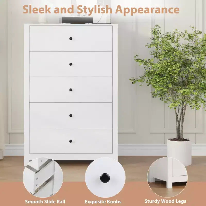 Commode moderne à 5 tiroirs avec rangement profond, élégante commode en bois pour chambre à coucher