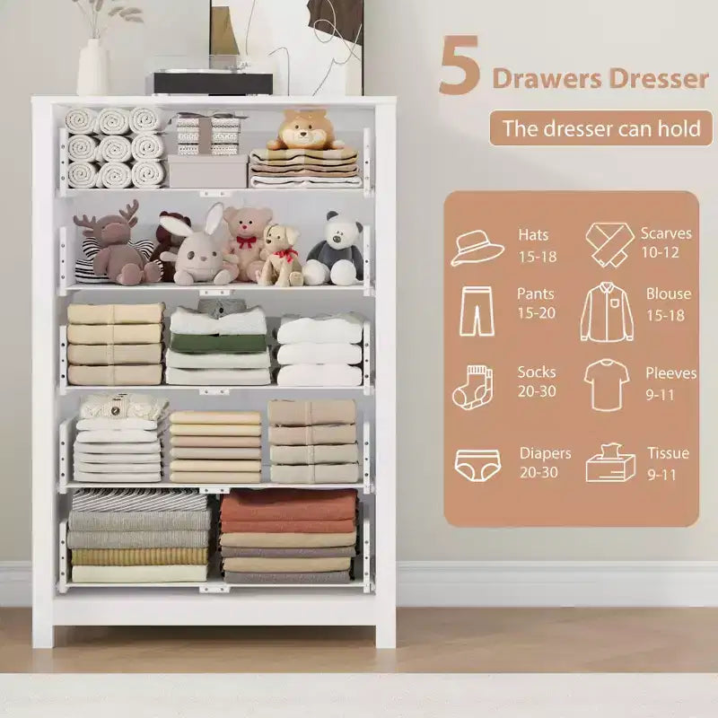 Commode moderne à 5 tiroirs avec rangement profond, élégante commode en bois pour chambre à coucher