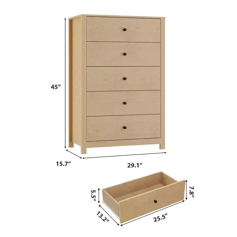 Commode moderne à 5 tiroirs avec rangement profond, élégante commode en bois pour chambre à coucher