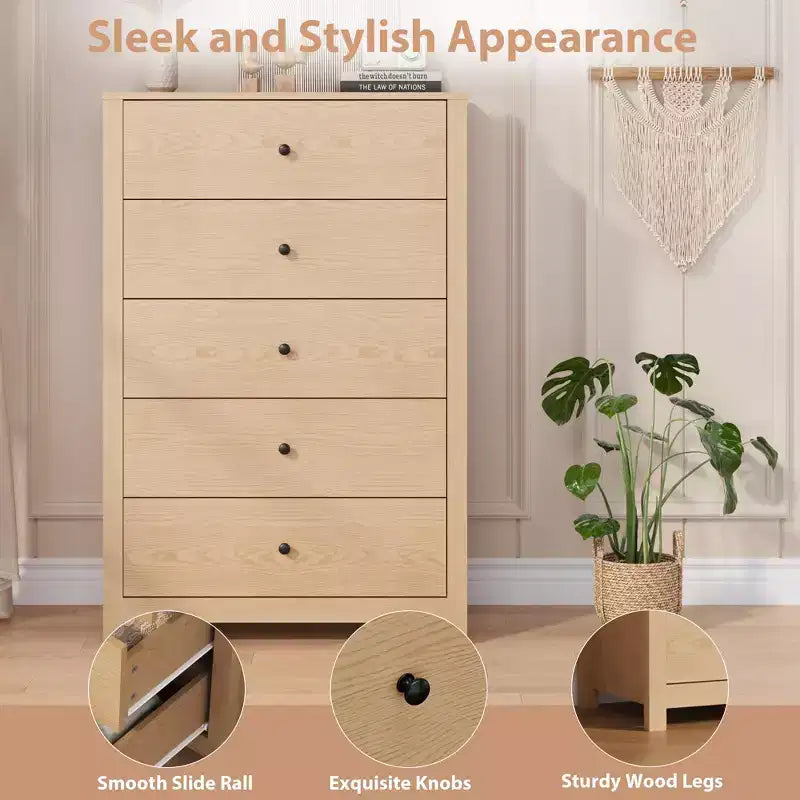 Commode moderne à 5 tiroirs avec rangement profond, élégante commode en bois pour chambre à coucher
