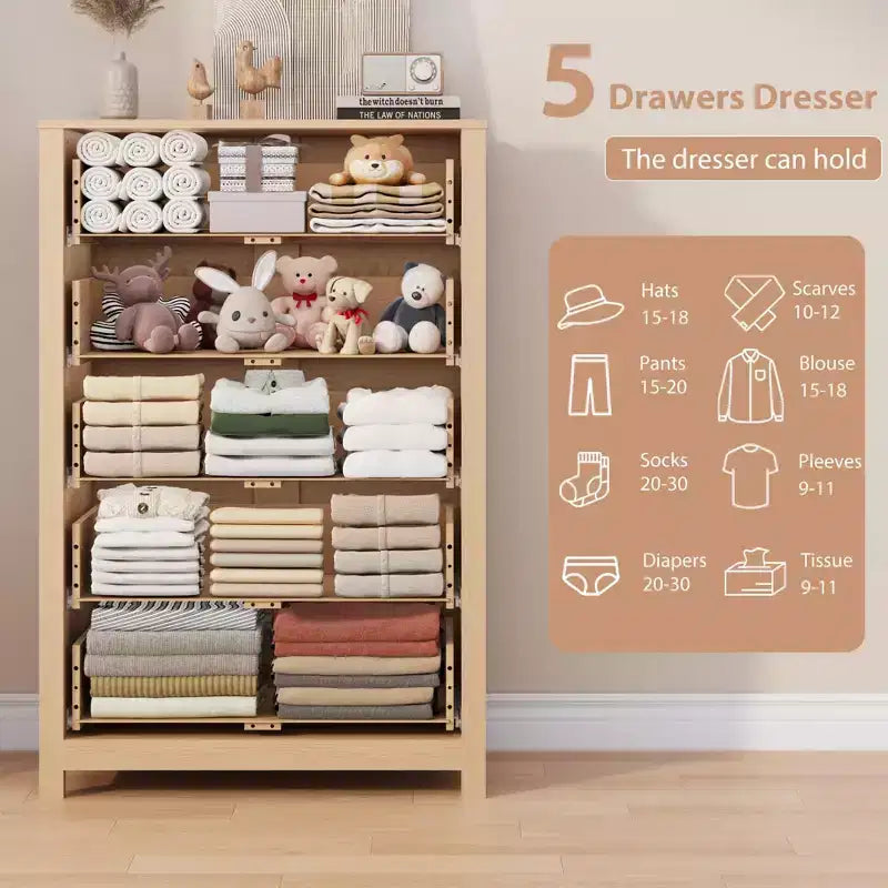 Commode moderne à 5 tiroirs avec rangement profond, élégante commode en bois pour chambre à coucher