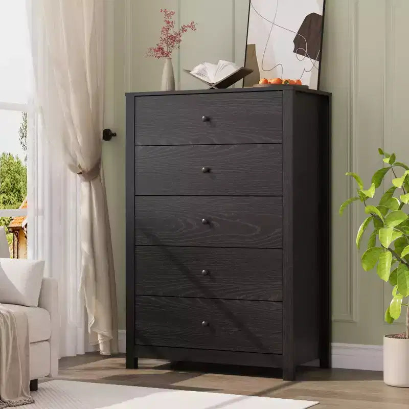 Commode moderne à 5 tiroirs avec rangement profond, élégante commode en bois pour chambre à coucher