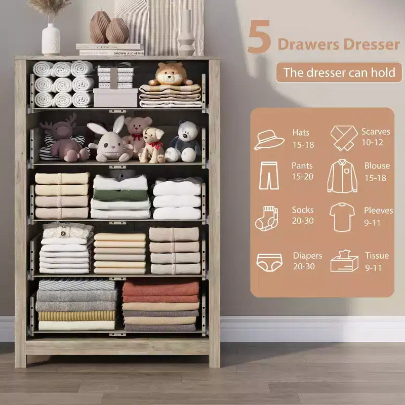 Commode moderne à 5 tiroirs avec rangement profond, élégante commode en bois pour chambre à coucher