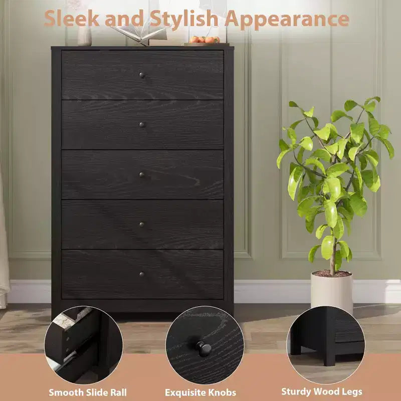 Commode moderne à 5 tiroirs avec rangement profond, élégante commode en bois pour chambre à coucher