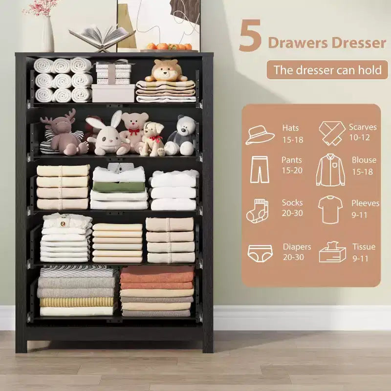 Commode moderne à 5 tiroirs avec rangement profond, élégante commode en bois pour chambre à coucher