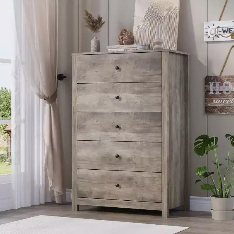 Commode moderne à 5 tiroirs avec rangement profond, élégante commode en bois pour chambre à coucher