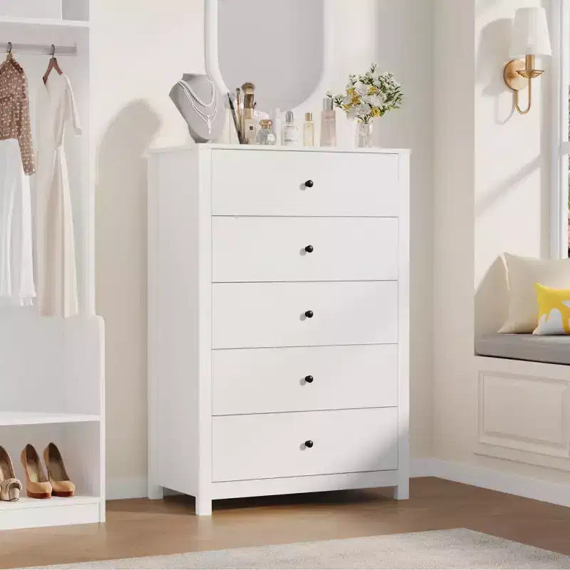 Commode moderne à 5 tiroirs avec rangement profond, élégante commode en bois pour chambre à coucher