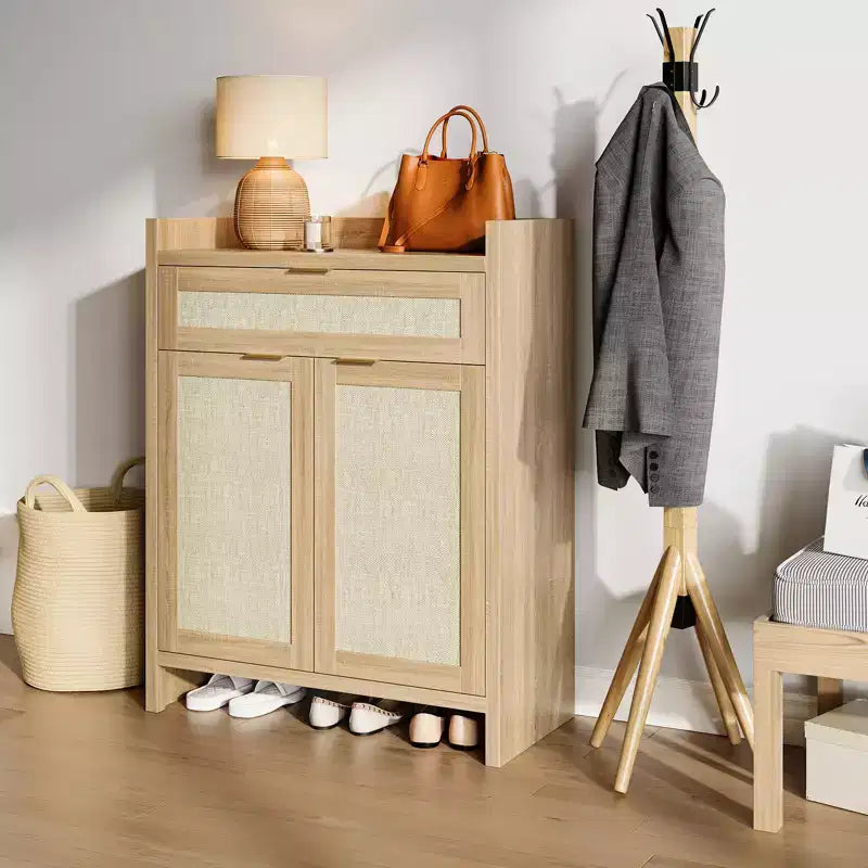 Meuble à chaussures en rotin avec tiroir, Organisateur de rangement pour chaussures haut à 6 niveaux