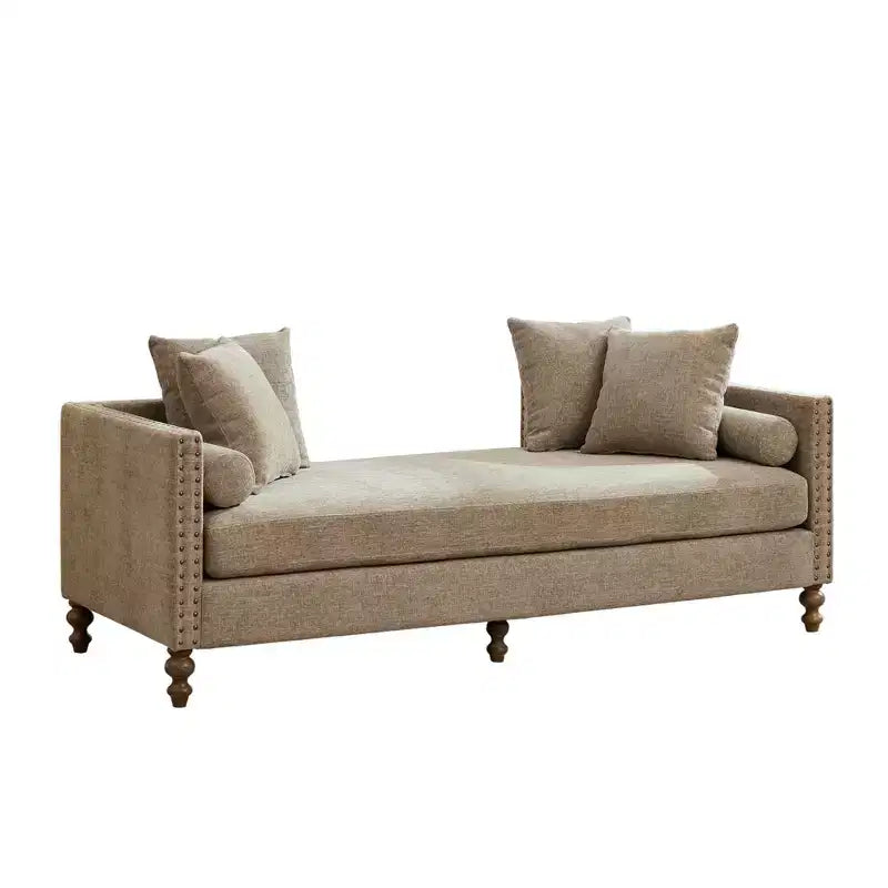 Clihome 75.2 Chenille Upholstered Chaise Lounge with Pillows &amp; Nailheads