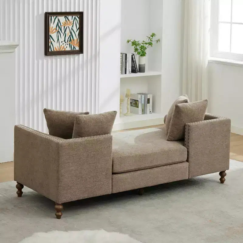 Méridienne en chenille avec oreillers et clous décoratifs